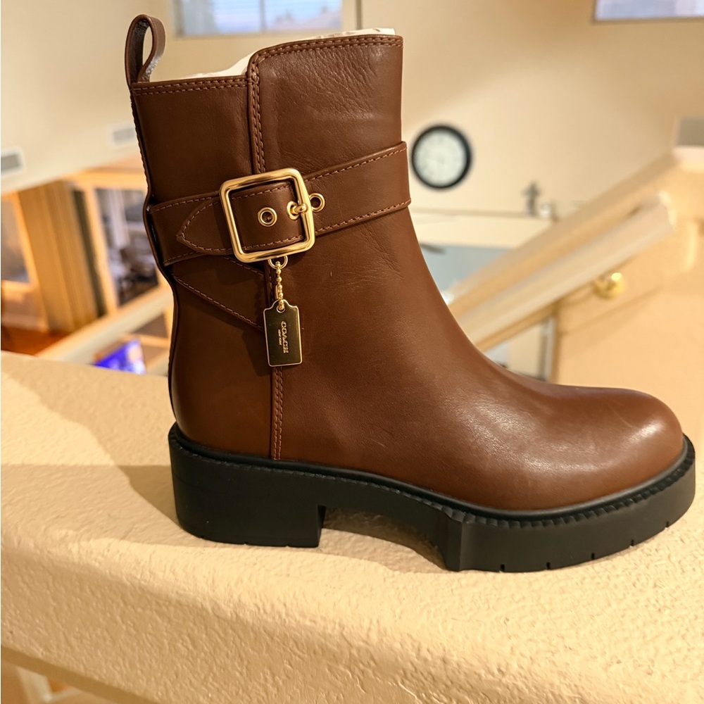 Coach Brown Leather Ankle Booties with Gold Buckle